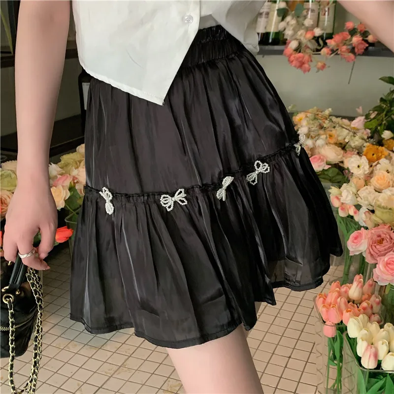 

Pearls Beading Summer Mini Skirts Women Elastic Waist Pleated Skirt Bow Designer Ball Gown Casual A-Line Short Skirts Korean