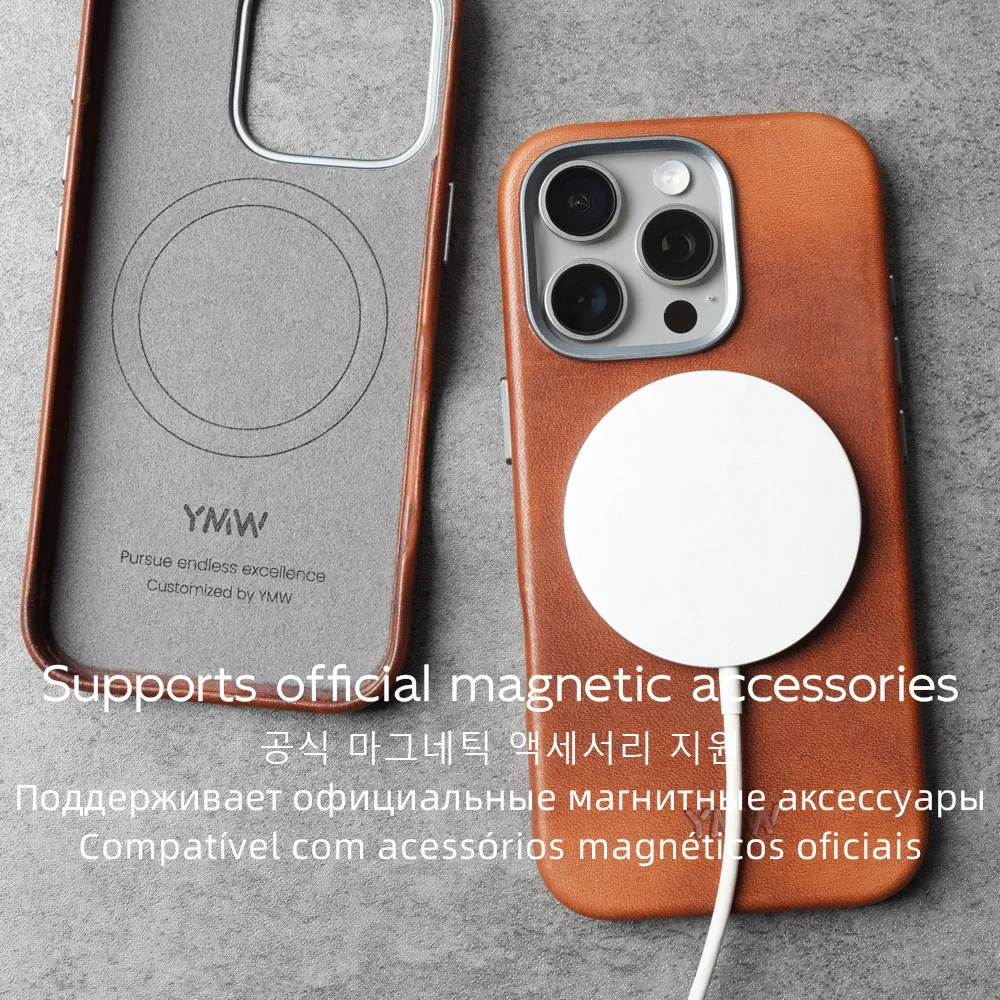 Фото Чехол YMW Horween Dublin из натуральной кожи для iPhone 15, 16 Pro Max, роскошный деловой чехол для телефона из воловьей кожи растительного дубления №5