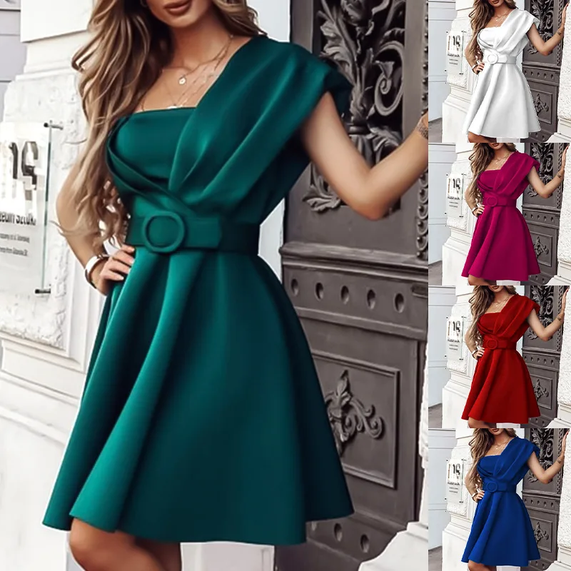 

Summer 2022 European and American women's commuter strapless dress solid color single shoulder waist dress dress