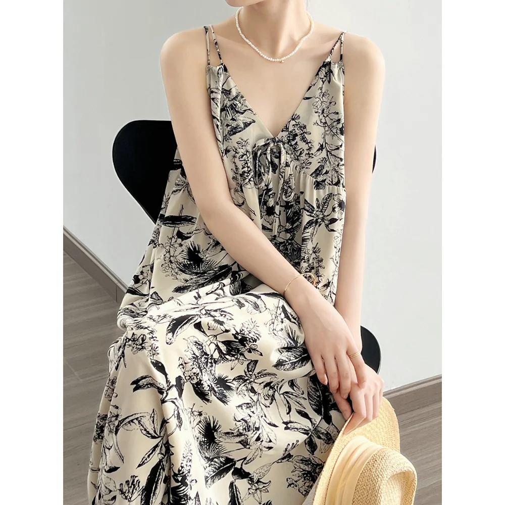 

Strappy Dresses Ink Printing V-neck Summer Sleeveless Clothing for Women Supender Dress Long Floral Retro Loose A Line Camisole