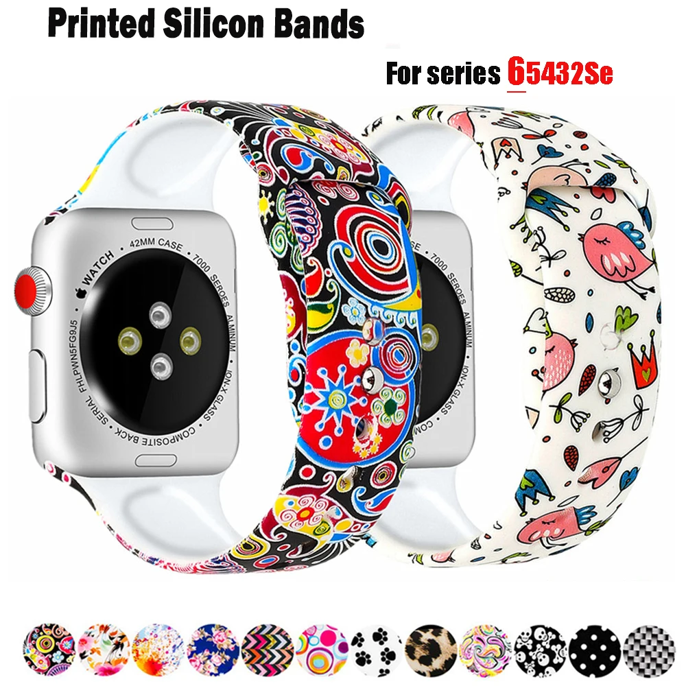 

Silicone Strap For Apple Watch band 44mm 40mm iwatch 42mm 38mm pulseira correa Printed bracelet appleWatch serie 5 4 6 3 2 1 Se