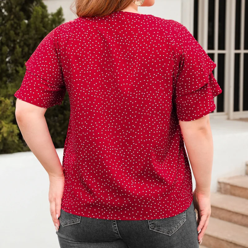 Street Fashion Polka Dot Loose T-Shirt Four Colors Summer Plus Size Clothes O-Neck Patchwork Ruffles Short Sleeve Women's Top