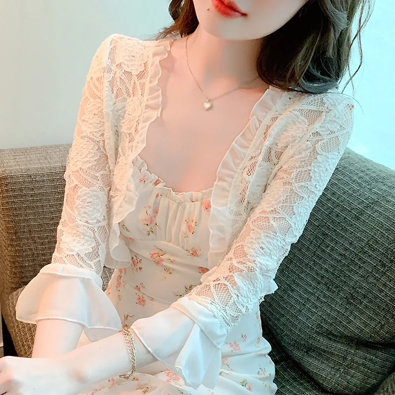 

Womens Three Quarter Sleeve Butterfly Lace Top Shrug Summer Thin Cover Up Cardigan Wraps for belly Beach Party