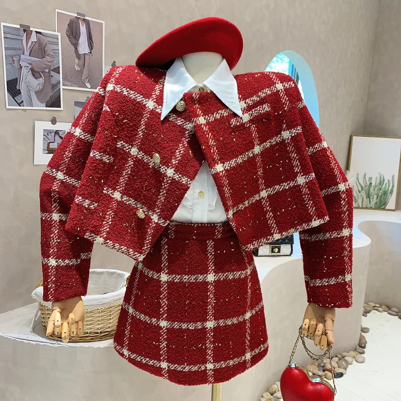 

Женский комплект из двух предметов, твидовое короткое пальто с асимметричным подолом, Кардиган с длинным рукавом и облегающая юбка с запахом на бедрах, зима 2022