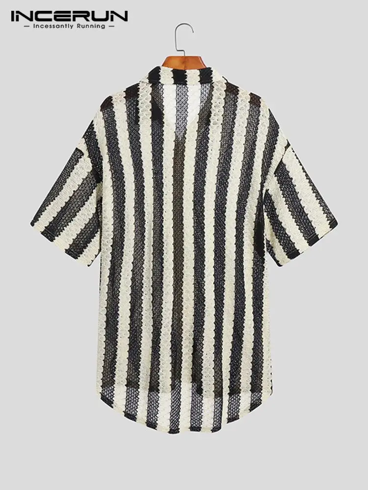 INCERUN Men Striped Shirt Lapel Short Sleeve Summer 2022 Button Casual Men Clothing Streetwear Breathable Leisure Camisas S-5XL