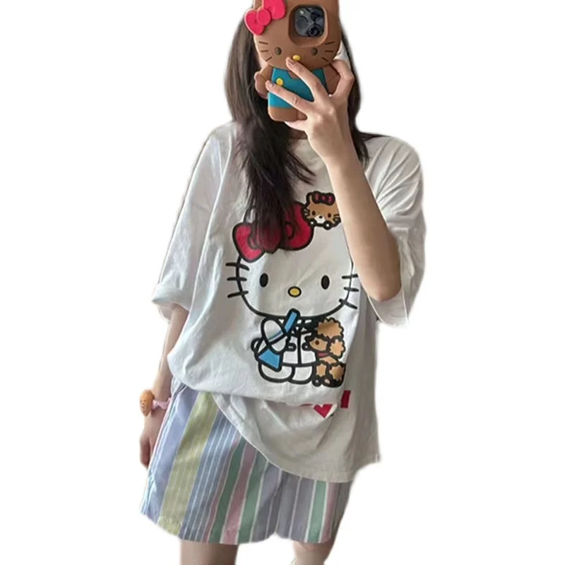 

Hello Kitty New Fashion Ladies Street Abstract cartoon Hello Kitty T Shirts Casual Short Sleeve O-Neck Loose Tops Summer Size