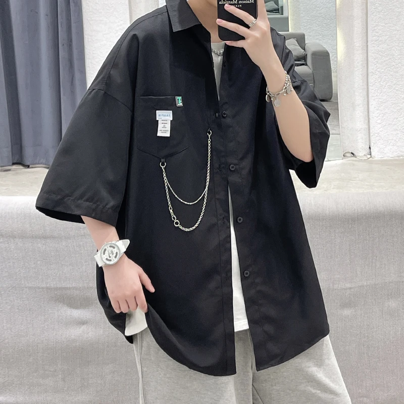 

Harajuku Men's Short Sleeve Shirts Fashion Turn-down Collar Man Shirt 2023 Summer New Solid Color Male Oversized Clothes Chain