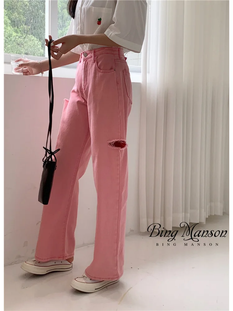 Perforated Jeans for Women 2023 High Waist Slim Loose Wide Leg Crotch Thigh Thick Size Straight Leg Pants  High Waisted Jeans