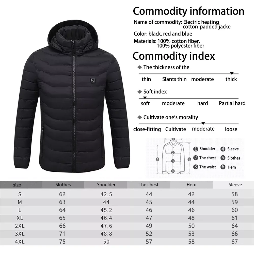 9 area heating Jackets Female Winter Warm USB Heating Jackets Smart Thermostat Hooded Heated Clothing Large size 4XL