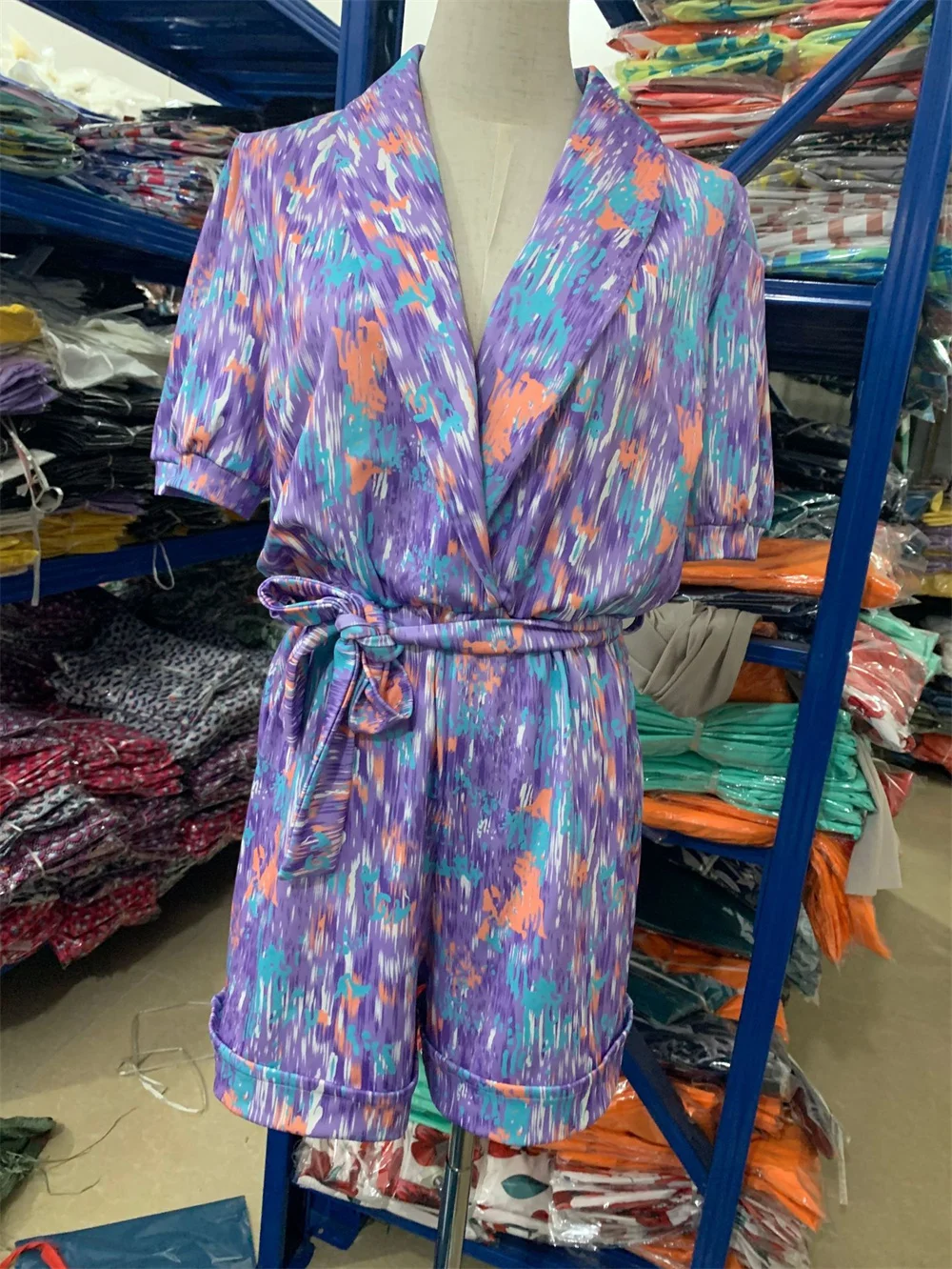 Women Print Deep V Neck Short Sleeve Jumpsuits 2023 Summer High Waist Belt Elastic Waist Pocket Shorts Rompers Outfit
