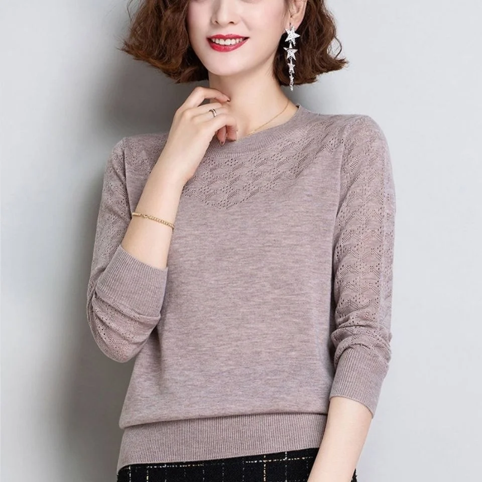 

Hollow Thin Knitted Top Long-sleeved Women's Spring Bottoming Round Neck Pullover Sweater 2021 New Solid Tees Shirt