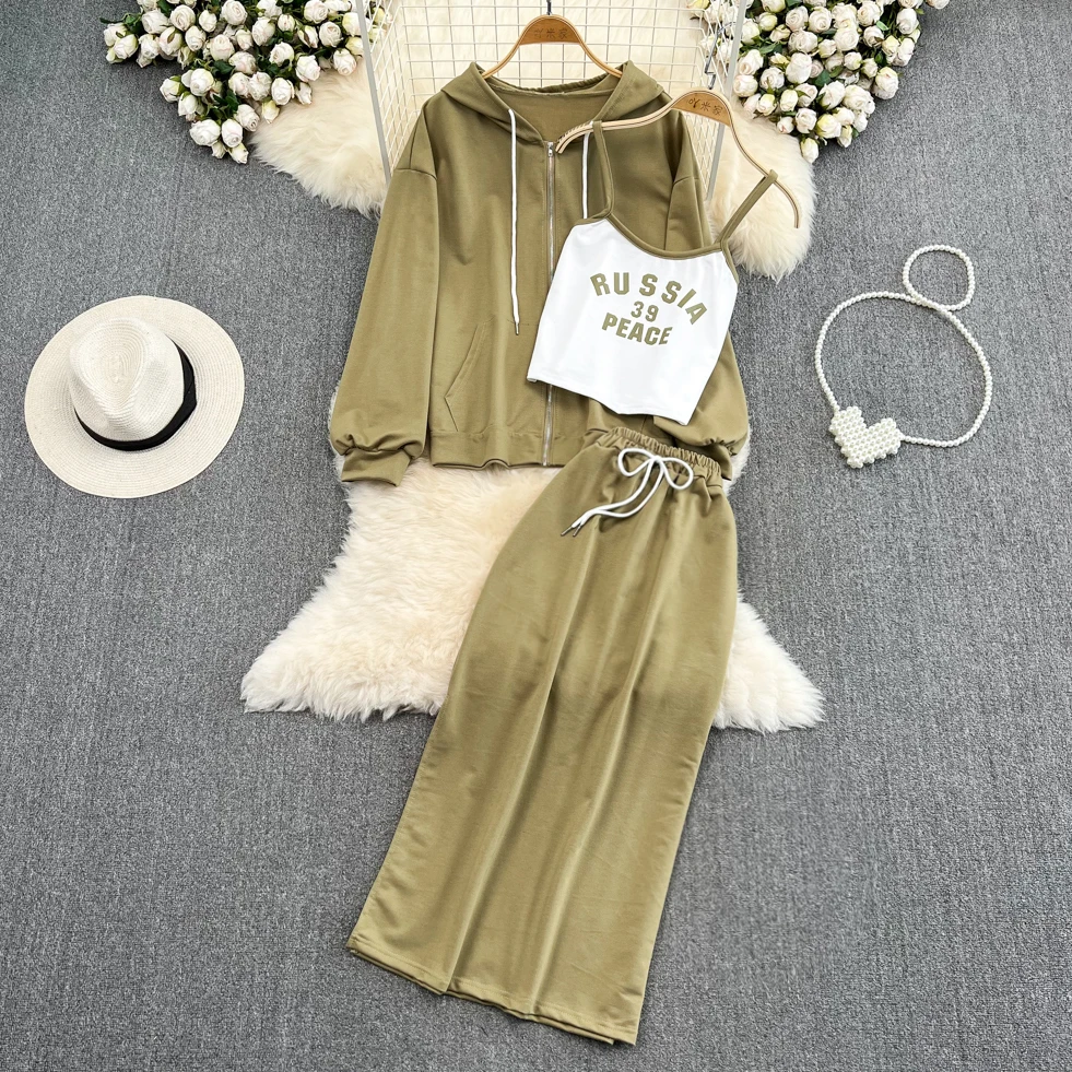 

Fashion Suit Female Korean Version Zipper Hoodie Coat Three-piece Tank Top High Waist Mid-length Slit Skirt