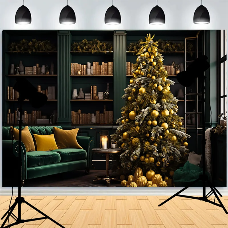 Christmas Day Fireplace Photography Backdrops Large Window Living Room Wreach Xmas Tree New Year Background XH-30