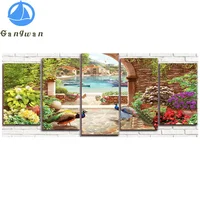 seaside garden peacock picture 5 piece diy diamond painting large full mosaic embroidery arch landscape multi-picture home decor
