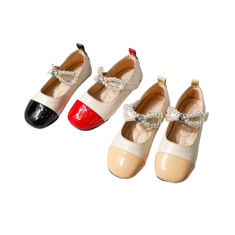 

Children's Leather Flat Shoes for Young Girls Pearl Shallow Dance Shoes In Kid Princess Girls Party Dress Flats for 12 Years Old