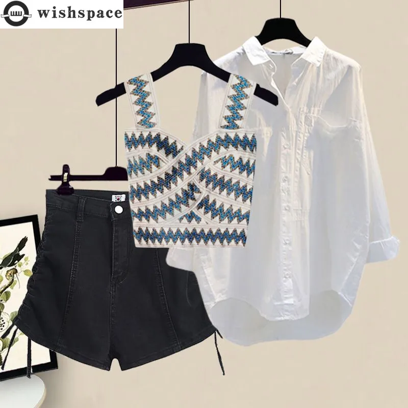 

Spring and Summer Suit Women's 2023 New Korean Version Sunscreen Shirt Top Thin Vest Denim Shorts Three-piece Set