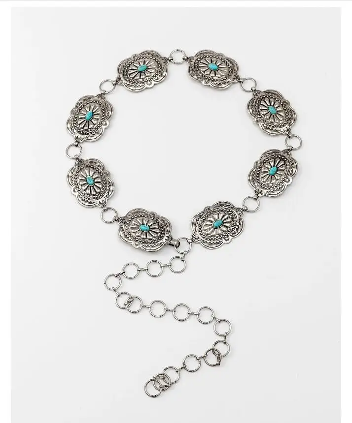 Fashion Antique Silver Alloy Western Floral Conchos with Turquoise Women`s Chain Belt