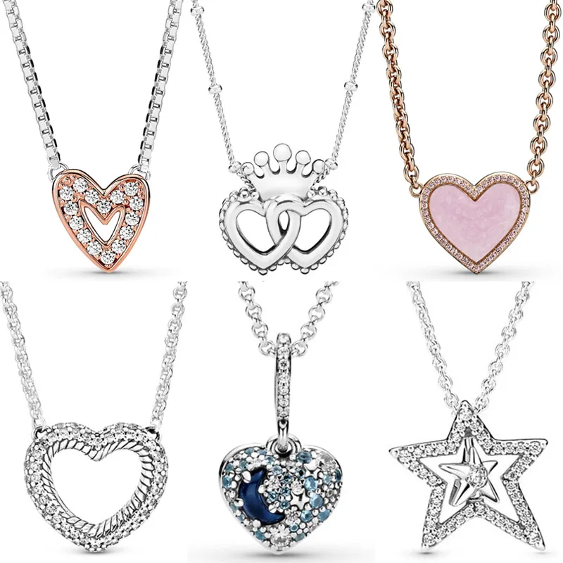 

Sparkling Freehand Heart Blue Moon & Asymmetric Star Regal Crown Necklace For Fashion 925 Sterling Silver Bead Charm DIY Jewelry