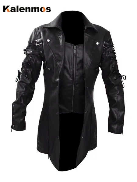 

Punk Coat Men Faux Leather PU Trench Jacket Medieval Goth Spring Fall Top Streetwear Vintage Gothic Moto Biker Outwear Abrigos
