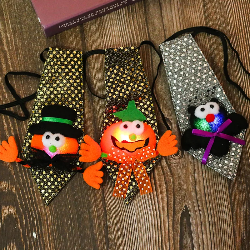 

10pcs Kids Boy Girl Halloween Party Rave Festival LED Neckties Light Up Neck Ties Bat Pumpkin Spider Ghost Sequin Flashing Bow