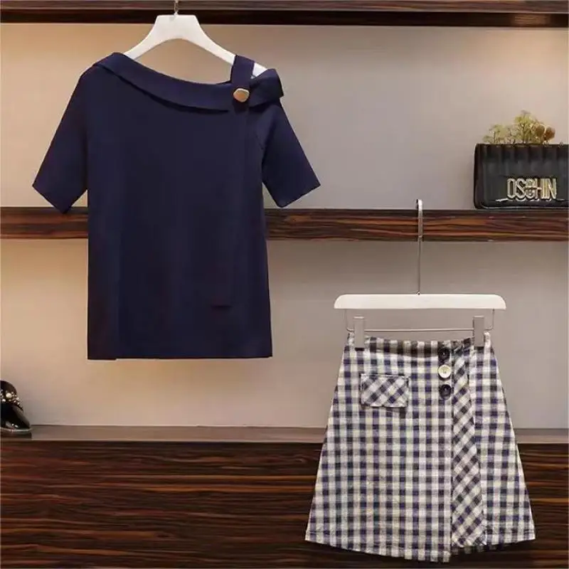 

Summer Outfits Women's 2023 New Arrival Fashion Age Reducing Slim Off Shoulder Short Sleeve Top Half Skirt Two Piece Set