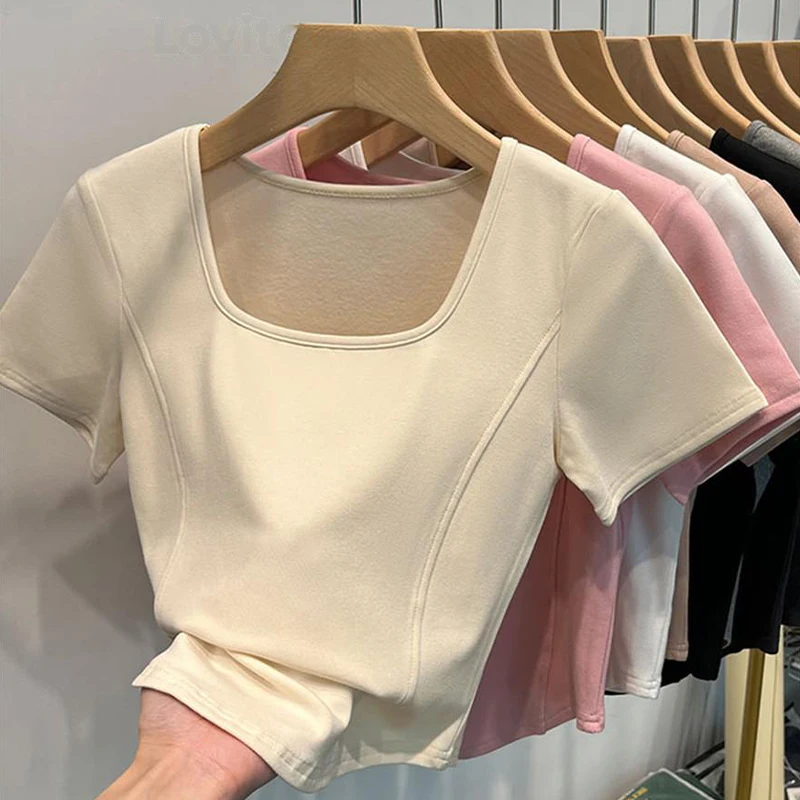 Женская Асимметричная футболка однотонный облегающий топ с квадратным вырезом и