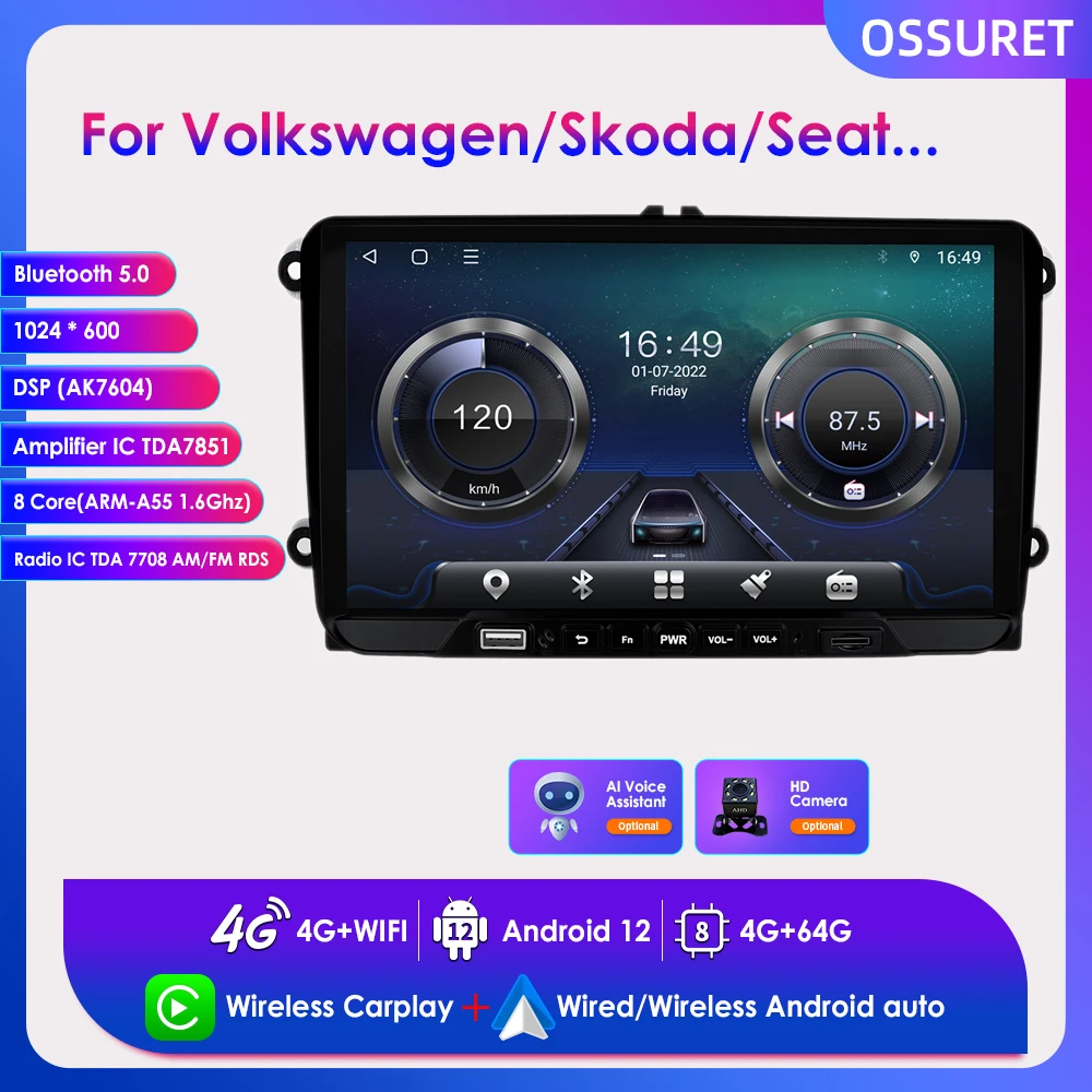 

2 Din Carplay экран для Volkswagen Passat B6 VW T5 Golf 6 Polo 5 Touran Tiguan Jetta радио Автомобильный мультимедийный Android 12 GPS RDS BT