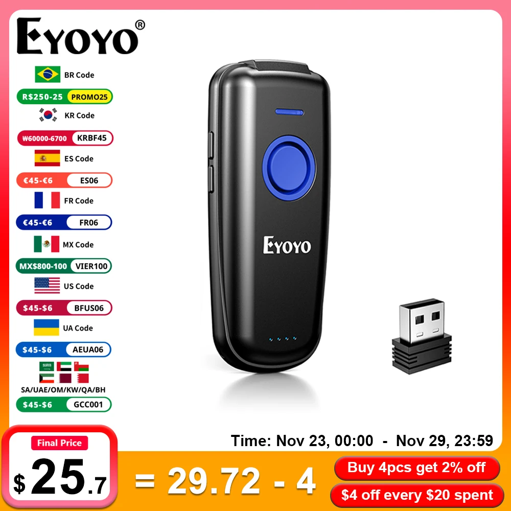 

Eyoyo EY-023 Portable Bluetooth 2D QR Image PDF417 Screen Scanning Reader Wireless 1D Laser Barcode Scanner Windows/Android/iOS