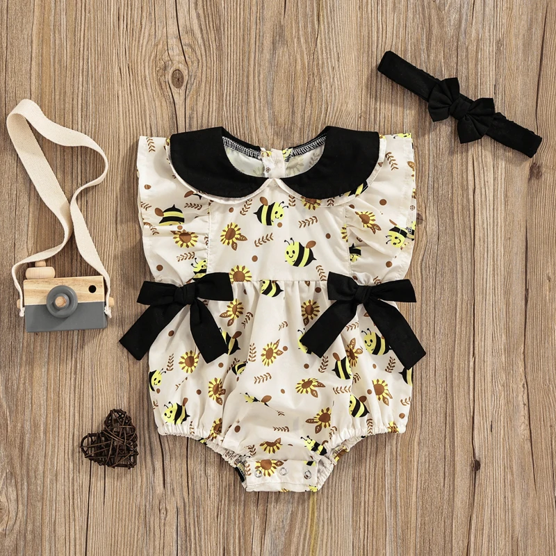 

New 2 Pcs Newborn Summer Outfits Baby Girls Bee Print Doll Collar Fly Sleeve Romper With Bows + Solid Color Headband 0-24 Months