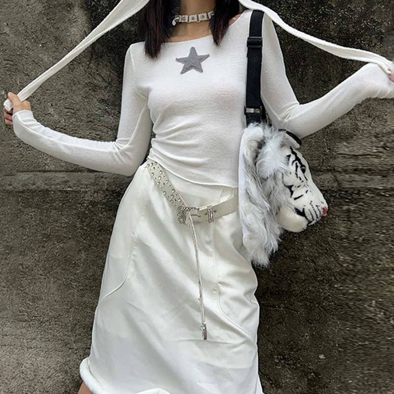 Кроп-Топ Harajuku в стиле гранж облегающий корейский топ с длинным рукавом и круглым