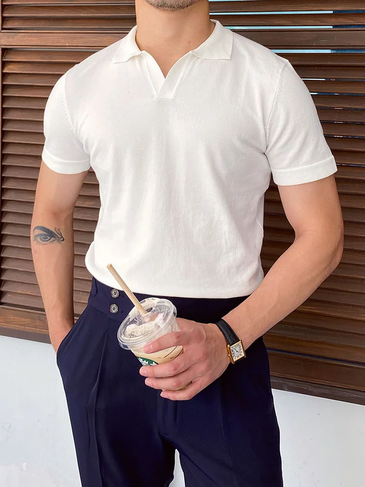 Мужская трикотажная рубашка-поло с коротким рукавом винтажным принтом лацканами