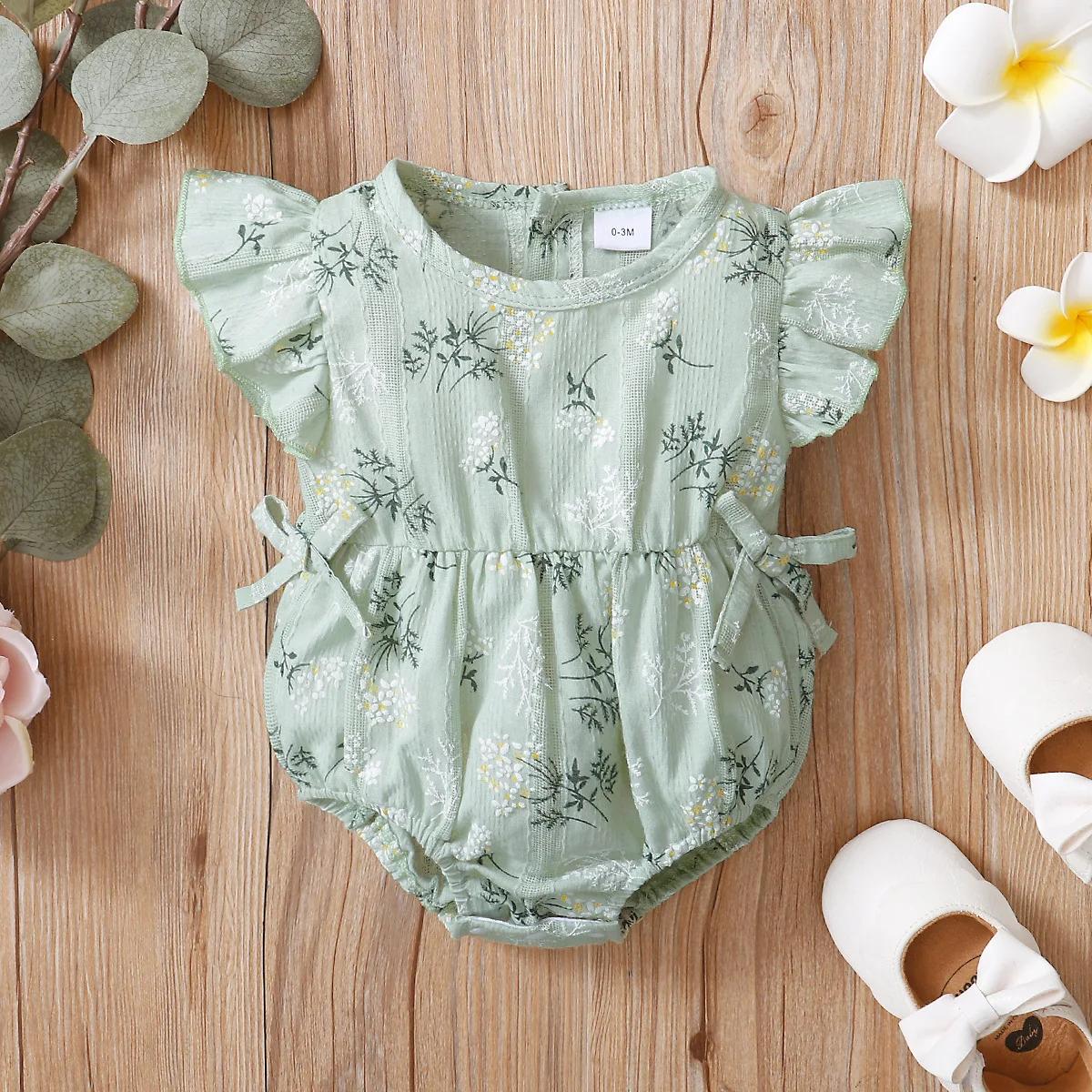 

Newborn Infant Baby Girls Flowers Print Ruffles Short Sleeve Cotton Lovely Jumpsuits Triangle Romper Toddler Summer