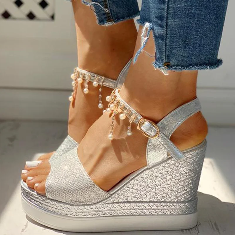 

2021 New Women Wedge Sandals Summer Bead Studded Detail Platform Sandals Buckle Strap Peep Toe Thick Bottom Casual Shoes Ladies