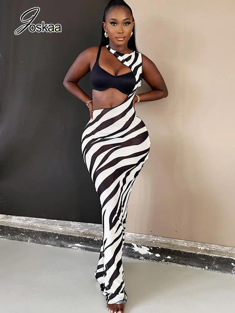 

Joskaa Zebra Stripe Print Maxi Dress Women Sexy See Through Round Neck Hollow Out Backless Slim Long Dresses 2022 Party Clubwear