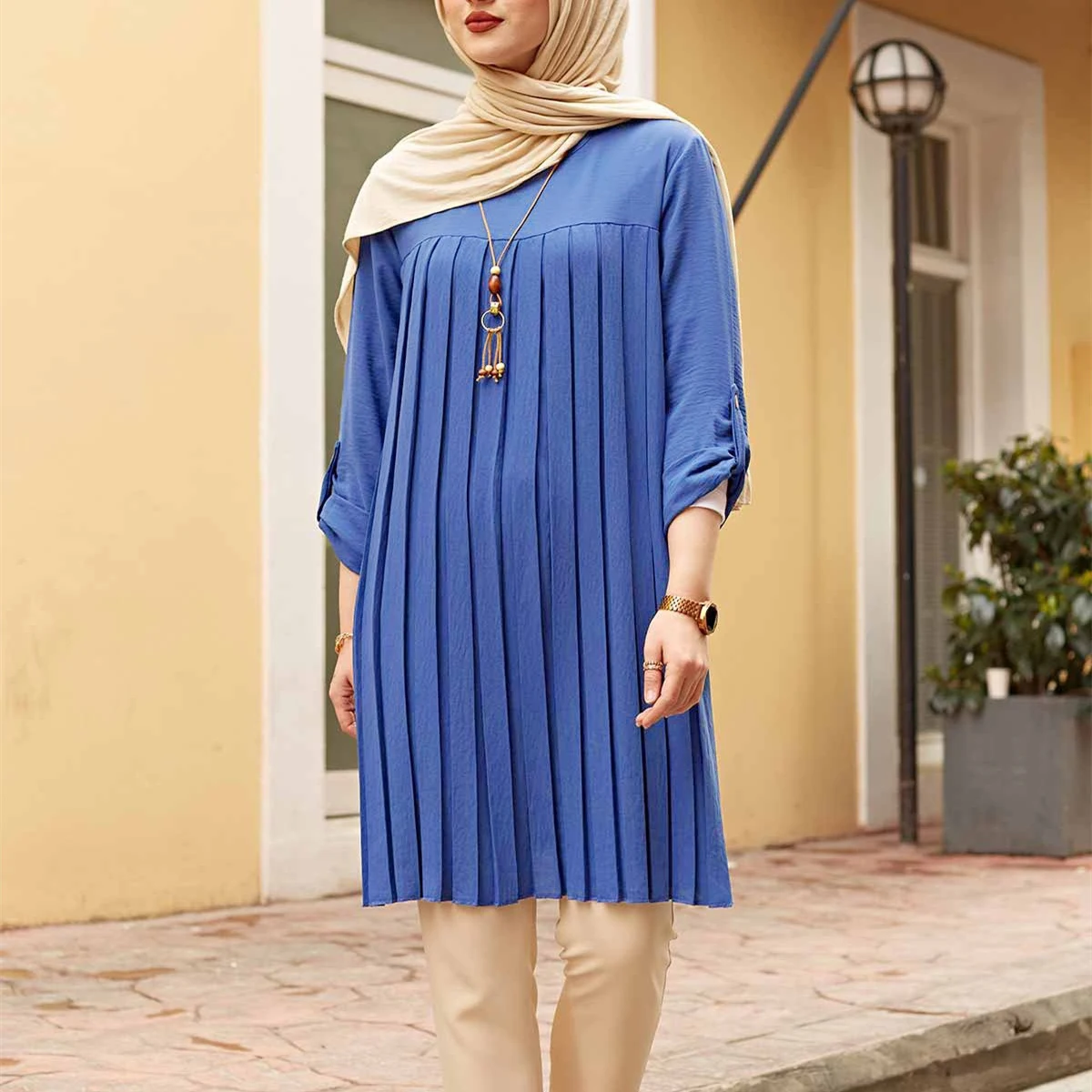 

Muslim Casual Pleated Blouse for Women Spring Loose Long Sleeves O-neck Shirt Fashion Middle Islam East Female Tops