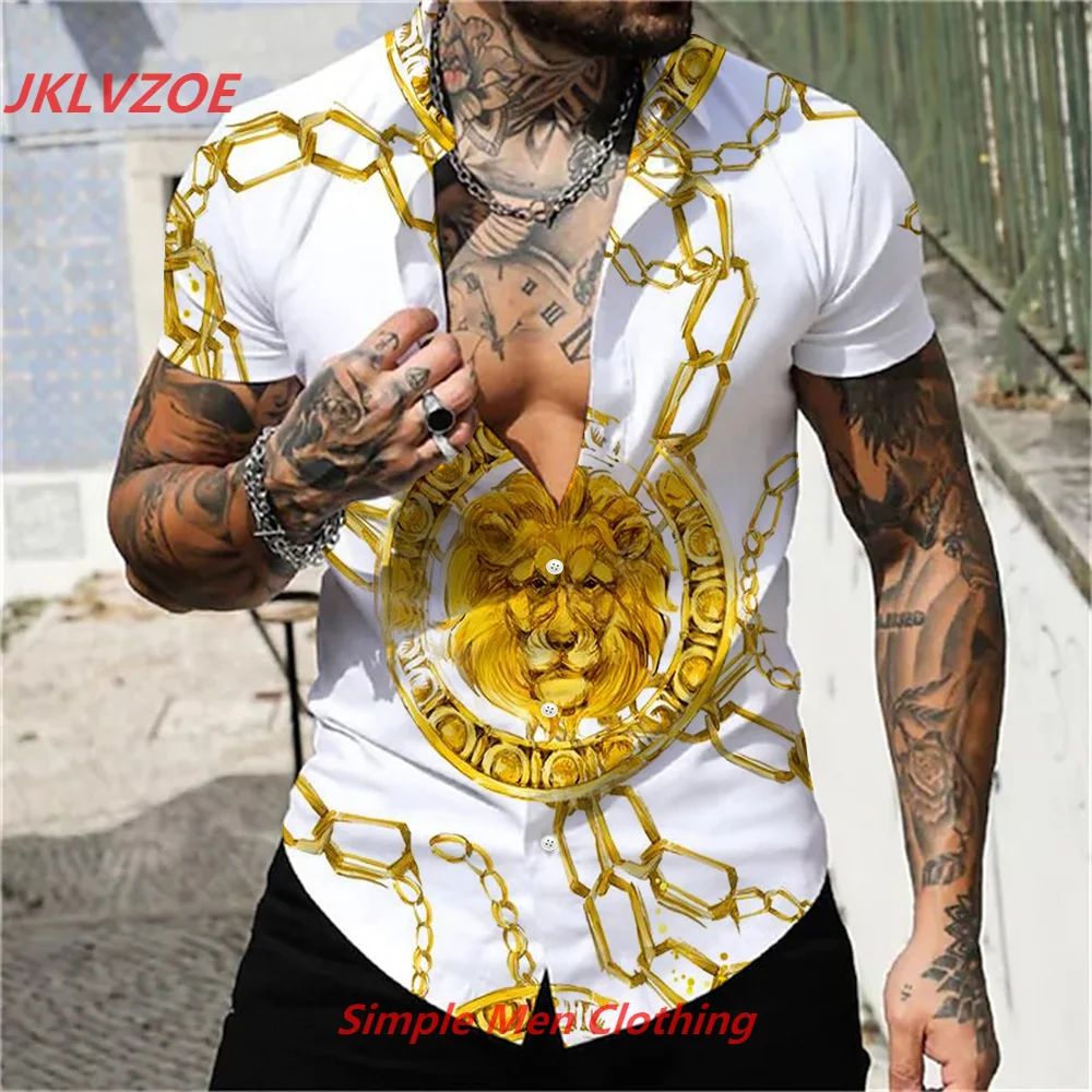 

Summer Men's Clothing Social Shirts Male Short Sleeve T-shirt Fashion Gold Lion Print Shirt Men's Casual Loose Oversize Tops Tee