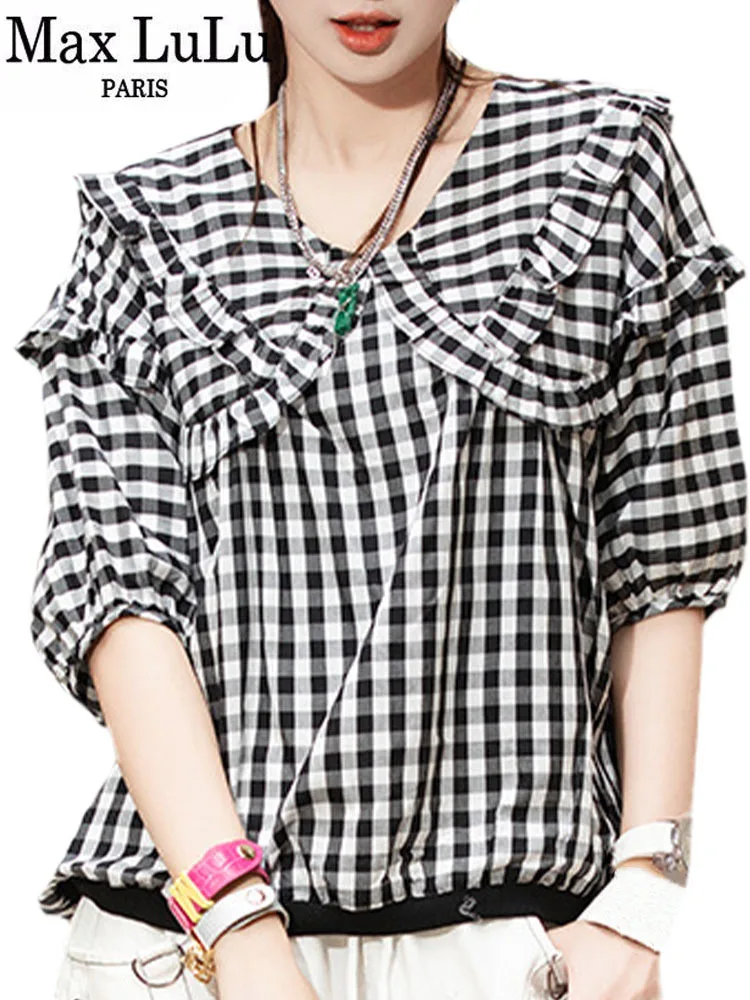 

Max LuLu 2023 Summer Korean Womens Fashion Loose Elegant Sexy Plaid Shirts Females Leisure Luxury V Neck Blouses Cotton Clothing