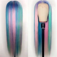 Ombre Pastel Green Blue 13X4 Lace Front Wig Pastel Pink With Rooted 38Inches Straight Wig Pre Plucked Periwinkle Purple Wigs