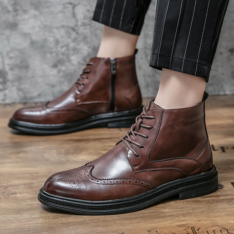 

Autumn Winter Warm Plush Brogue Boots for Men Brand Genuine Leather Dress Shoes Men Brown Pointed Ankle Boots Men bota masculina