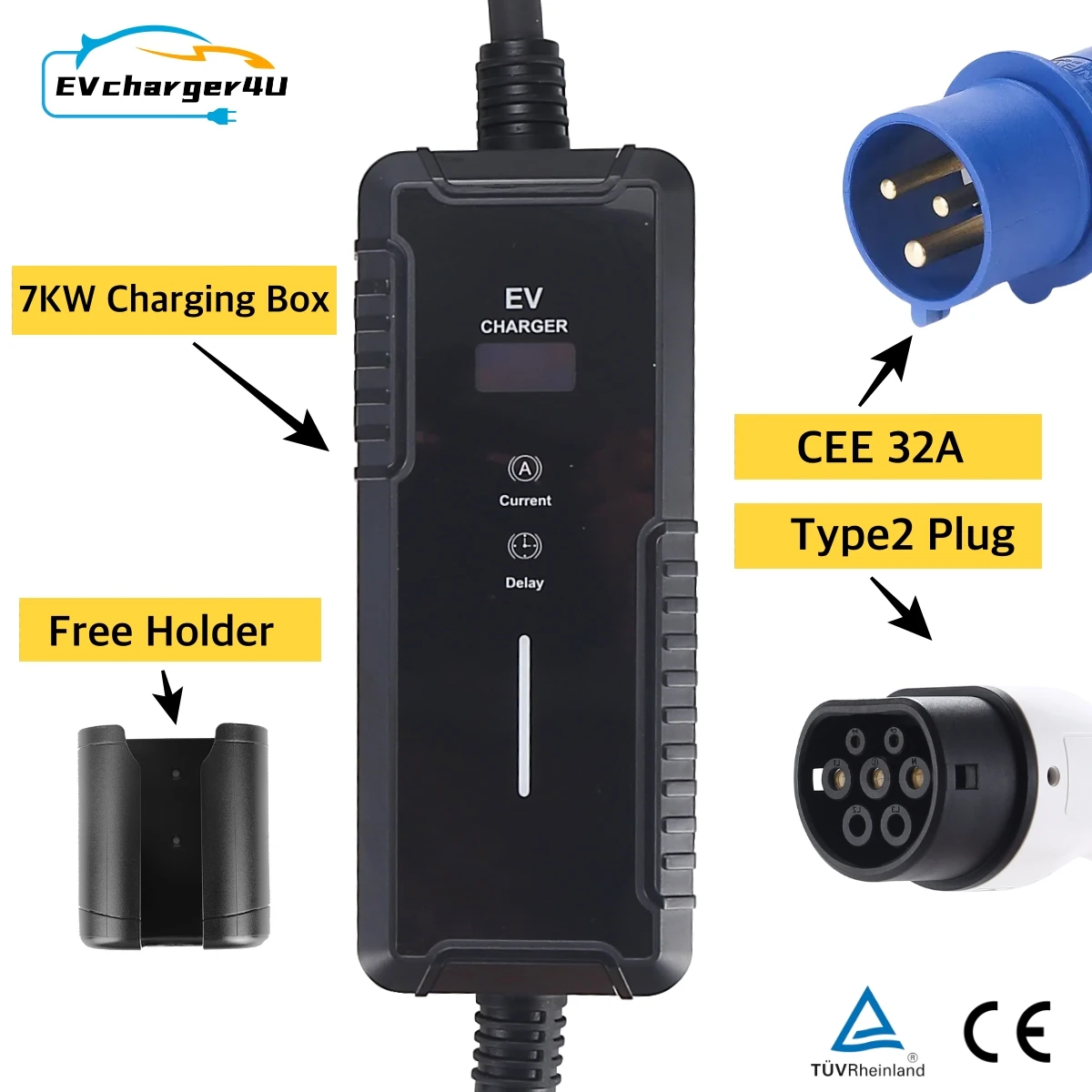 EVcharger4U CEE 32A 1 фаза 7 кВт Тип 2 портативное зарядное устройство для электромобилей