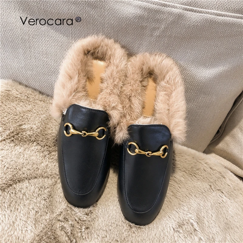 

Verocara Mules for Women Genuine Cow Leather with Rabit Fur Flat Low Heel Slip-on Loafer Slingback Backless Slide Slippers