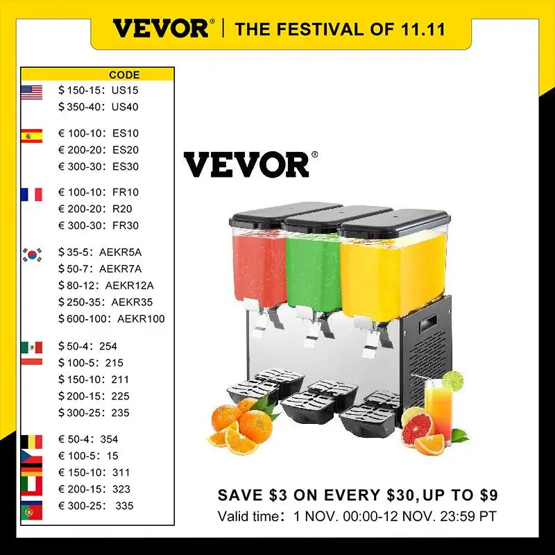 

VEVOR 18L 36L 54L Cold Beverage Dispenser Electric Drink Granite Machine Food-Grade Material for Juice Coffee Red Tea Commercial