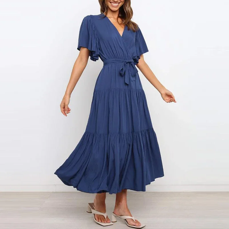 Платье-макси женское однотонное с коротким рукавом и высокой талией