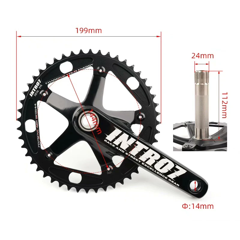 Фото Комплект шатунов 48T INTRO7 DEVIL EYE Hollow Integrated Fixie Racing из алюминия AL-7075 с ЧПУ, BCD144мм, для фикс-байков и трековых велосипедов, 165мм №2