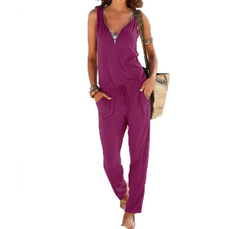 

Summer FashionSleeveless Womens Jumpsuits Casual V-neck Beach Loose Jumpers Romper Solid Zip Up Long Jumpsuits Overalls LX341
