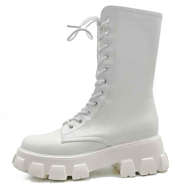 Женские резиновые ботинки на шнуровке до середины икры с круглым носком со