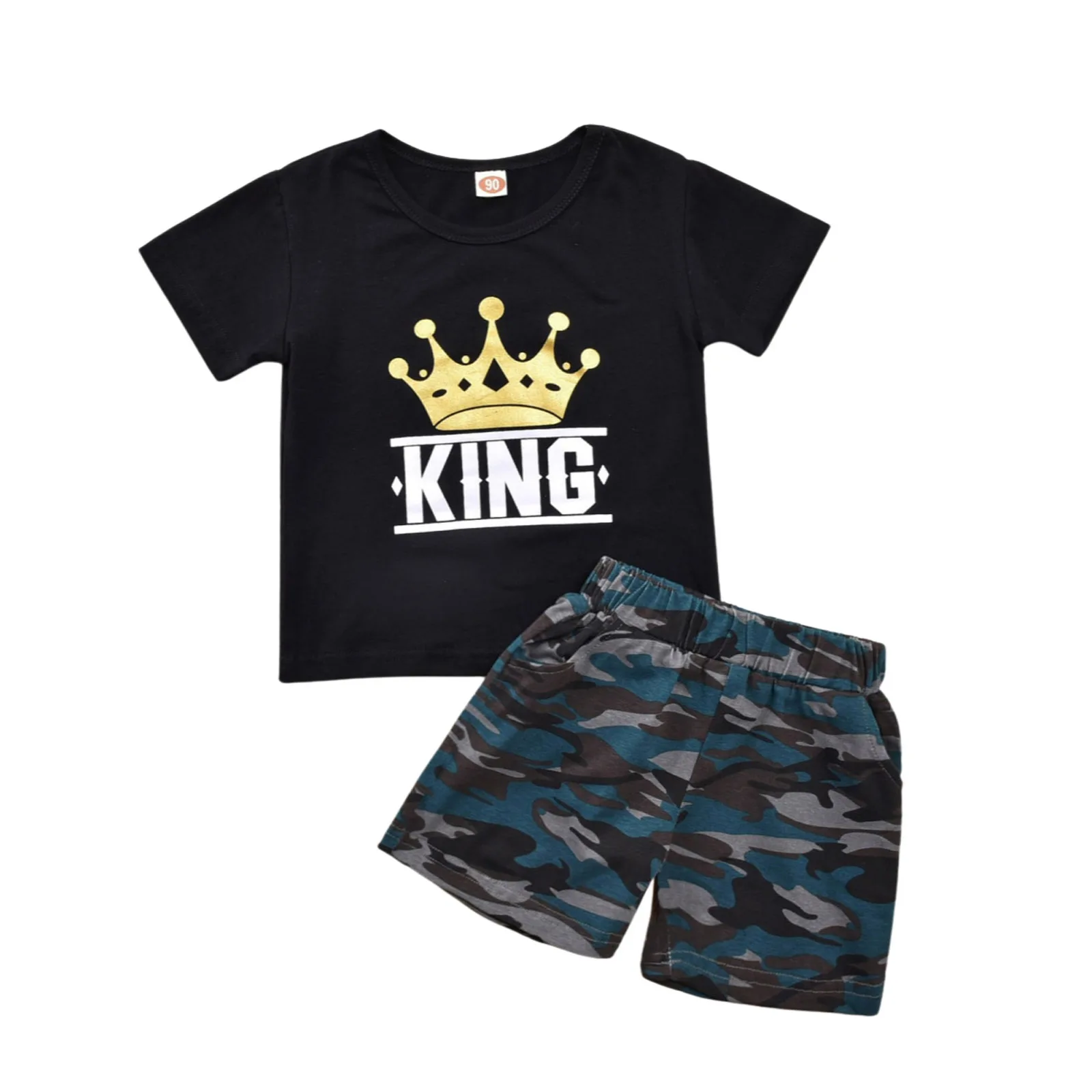 

2Pcs Little Boys Outfit Toddlers Creative Crown Letter Printing Round Collar Short Sleeve Tops + Camouflage Shorts Set