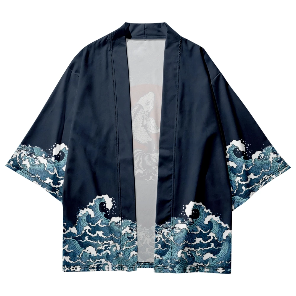 

Japanese Wave Carp Print Traditional Kimono Oversized Cosplay Haori Obi Women Men Cardigan White Beach Yukata Asian Clothing