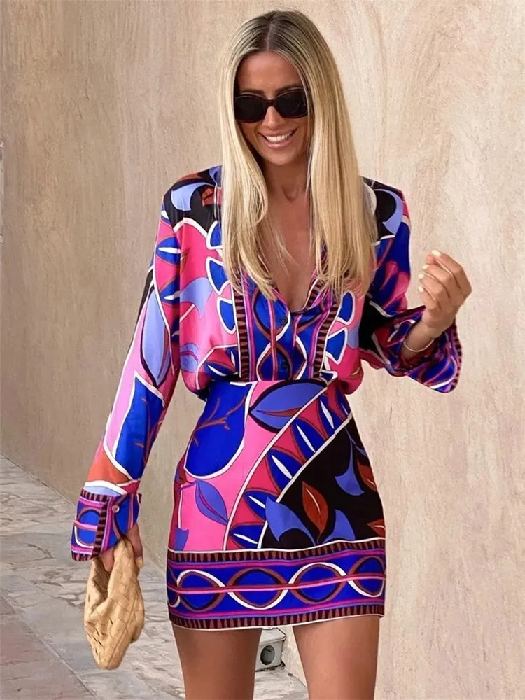 TRAF 2022 Print Button Up Shirt Women Vintage Long Sleeve Top Female Streetwear Collared Shirt Woman Summer Elegant Blouses