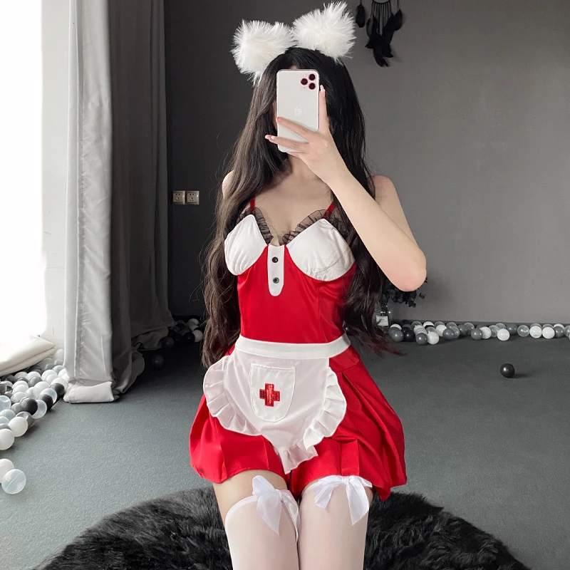 

Women Nurse Lingerie Halloween Costumes Cosplay Bedroom Honeymoon Nurse Uniform Red Backless Cute Maid Dress With Apron Set